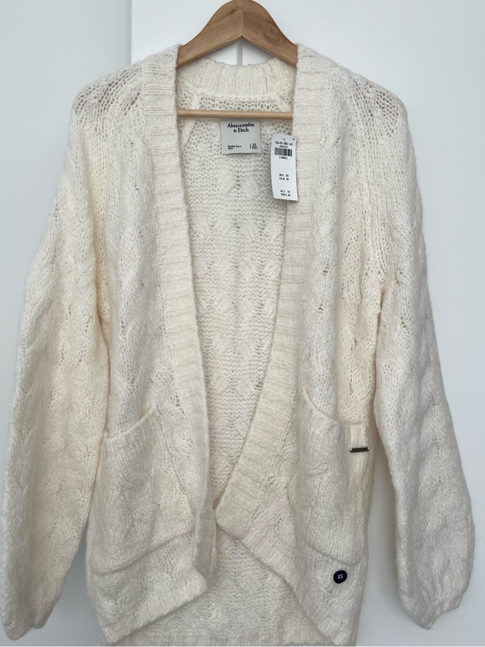 NWT Abercrombie Cream Open-Front Cable Knit Cardigan Sweater Ivory Cream Size XS
